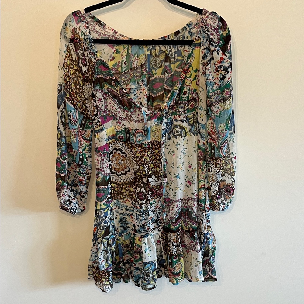 Elan Multicolor Patchwork Coverup with Teal and Brown Accents